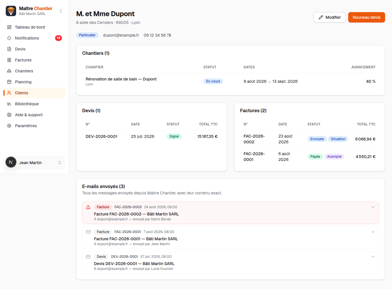 Une fiche client dans Maître Chantier : chantiers, devis, factures et e-mails envoyés