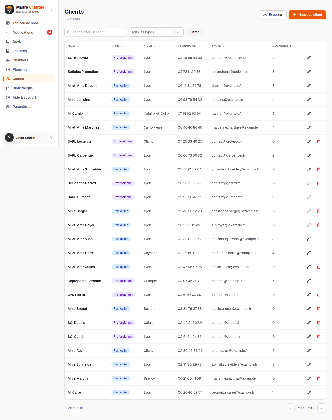 La liste des clients dans Maître Chantier, particuliers et professionnels